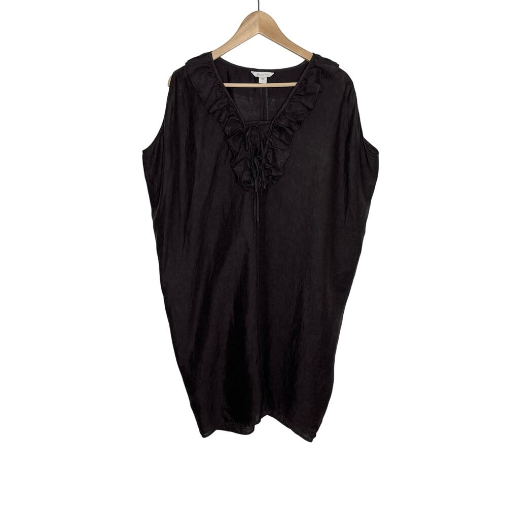 Garnet Hill Womens Sleeveless Linen Shift Dress S Brown V Neck Ruffle Oversized - Picture 1 of 9